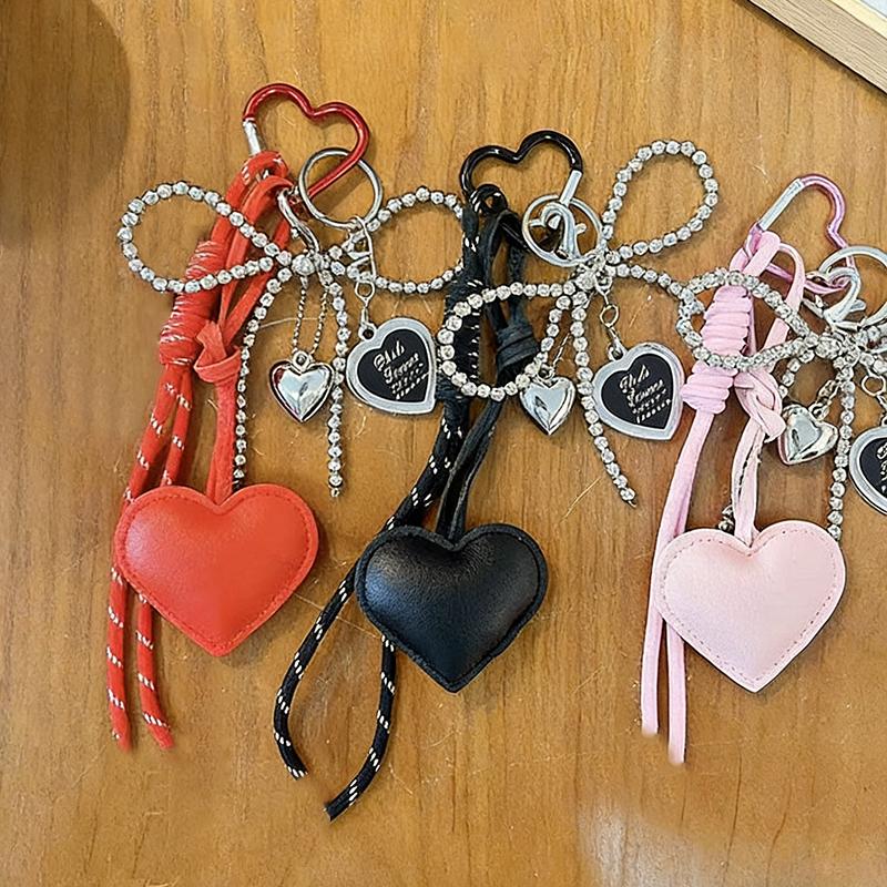 Trendy Leather Heart Bow Keychain Delicate Beaded Keyring Car Key Holder Bag Pendant Decoration For Girls Gift