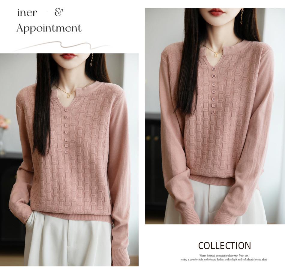 New Andy Velvet V-Neck Seven-Button Jacquard Knit Pullover: Stunning Autumn & Winter Women's Base Layer Shirt.
