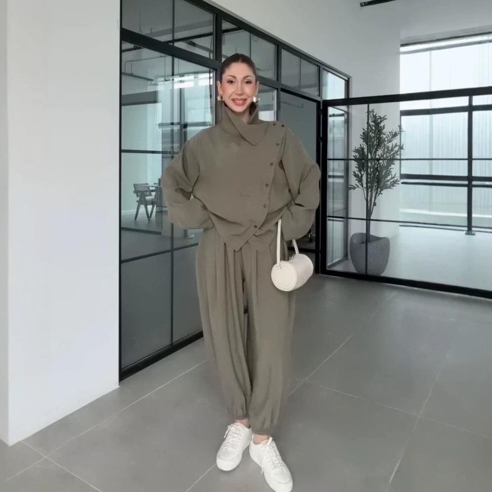 European and American Women's Clothing New Commuter Style Stand-up Collar Irregular Button Cardigan High-waisted Bloomers Set