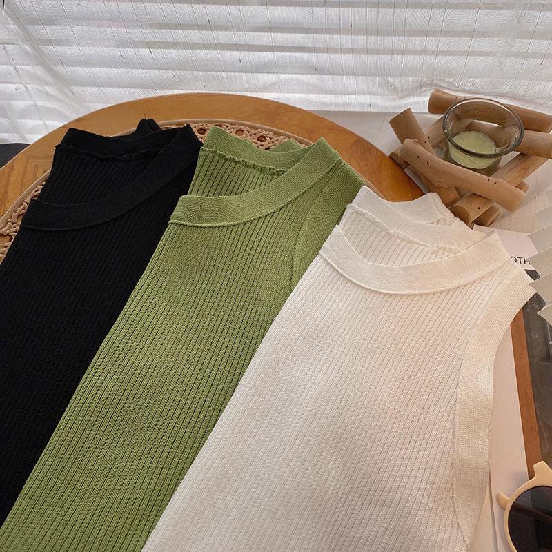 Green Knit Tank Top Sleeveless Short Women's Crop Top Solid Color Inner Wear Outer Skinny Short Vest Korean Fashion