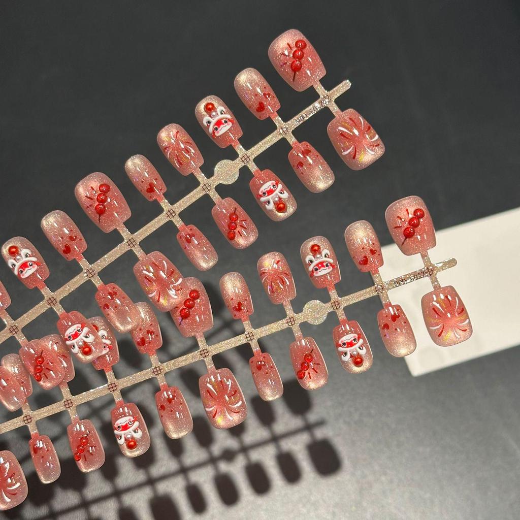 Resin Firework Lion Dance Red New Year Handmade Sparkle Cat Eye Nail Art Set - 30 Pieces