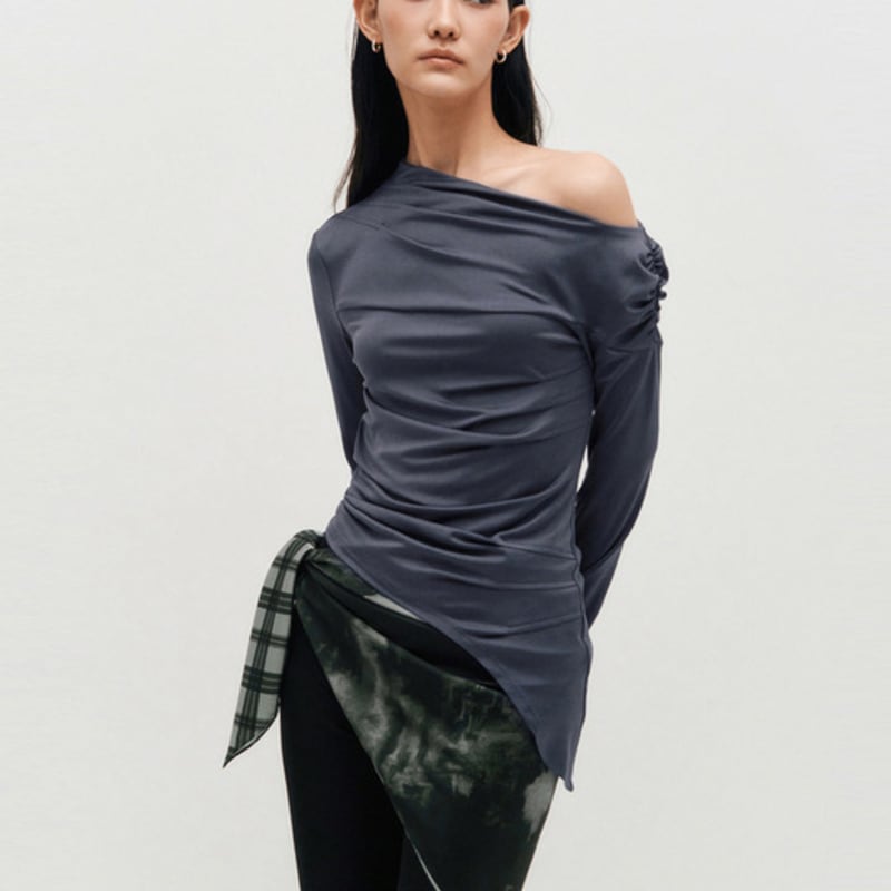 KIMZISU Half&Half Plaid Square Scarf 95 _ GREY