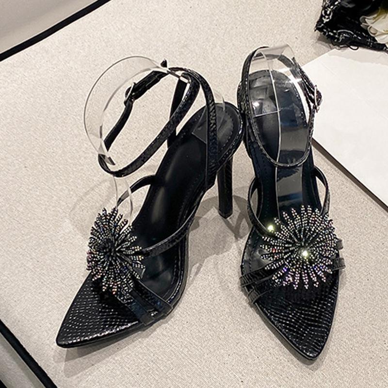 Sexy Snake Print Leather Ankle Strap Sandals Women Summer Fashion Crystal Flower Pointed Toe Party Dress Shoes High Heels