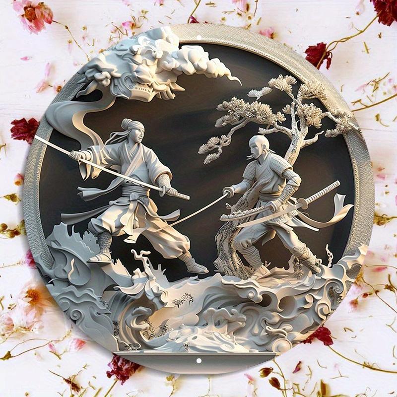 

Деревянный круглый знак, настенный декор, HD-печать, битва самураев, предварительно просверленный, устойчивый к погодным условиям, домашний декор для двери, стены, дома, комнаты, фермерского дома, Wood