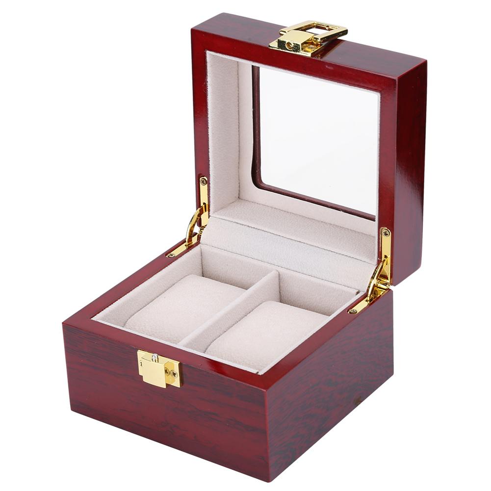 Wooden 2 Grid Watch Display Box Transparent Window Watch Storage Box (Red)