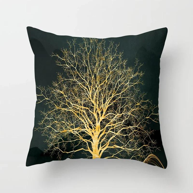 Black Gold Drawing Leaf Elk Tree Bird Butterfly Printed Square Pillowslip Polyester Cushion Cover Pillowcase Living Room Home