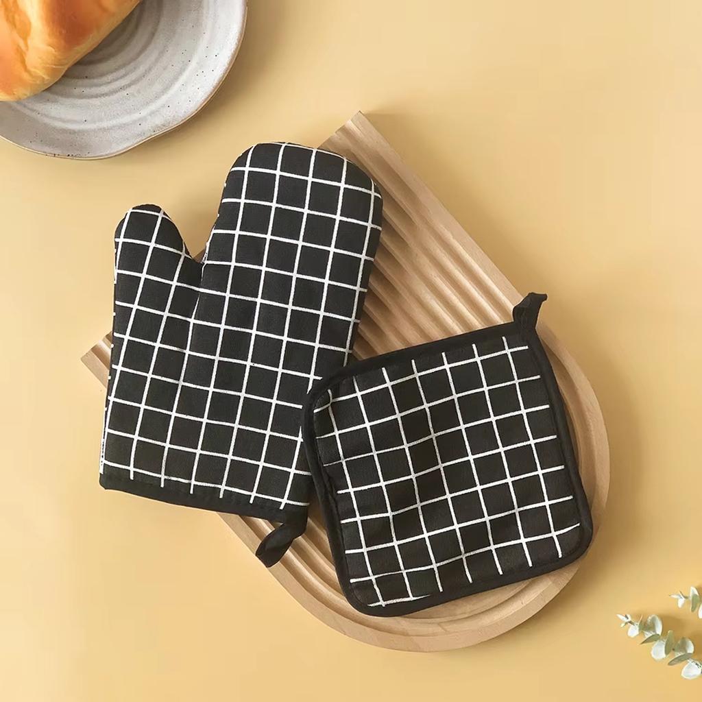Cotton Linen Oven Mitts and Pot Holders 2PCS Set, Heat Resistant Kitchen Gloves for Microwave Oven Baking