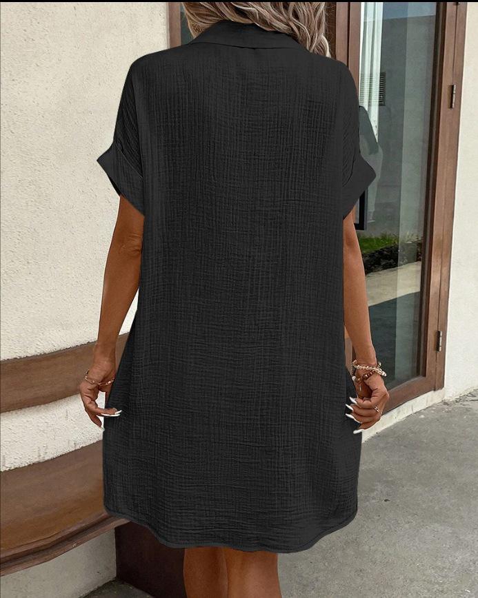 2026 Women's Mid-length Single-breasted Solid Color Short Sleeve Casual Dress