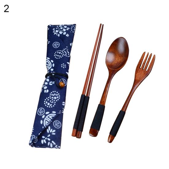 Portable Travel Chinese Style Wood Chopsticks Spoon Fork with Storage Pouch