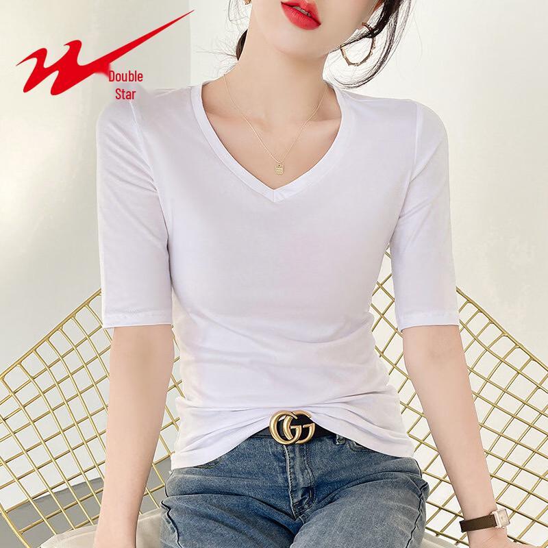 Women's V-Neck Slim Fit Mid-Sleeve T-Shirt