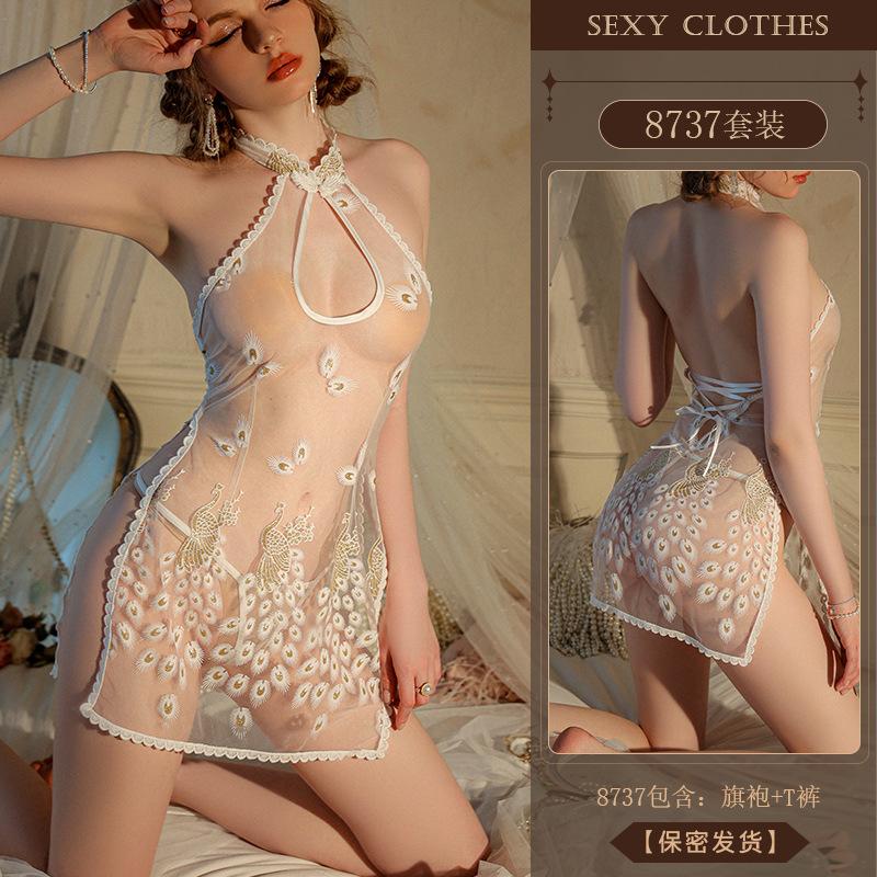 Fun underwear sexy antique cheongsam hot perspective mesh thin pajamas uniform