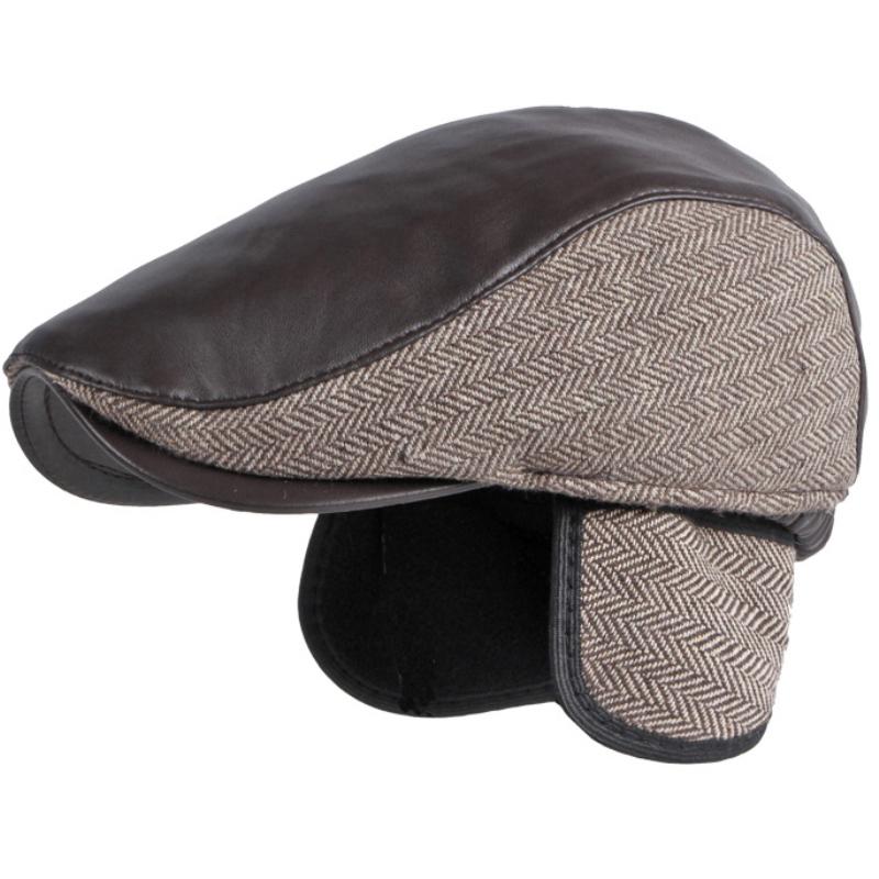 

HT3745 Berets Men New Winter Hat Leather Flat Cap Male Plus Size Beret Hat Vintage Beret Cap Dad Hats with Ear Flaps XL 59-60cm кавовий