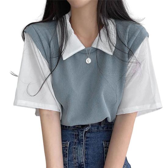 Lapel Short Sleeve Loose Fit Women Blouse Preppy Style Fake Two Pieces Tee Top Streetwear