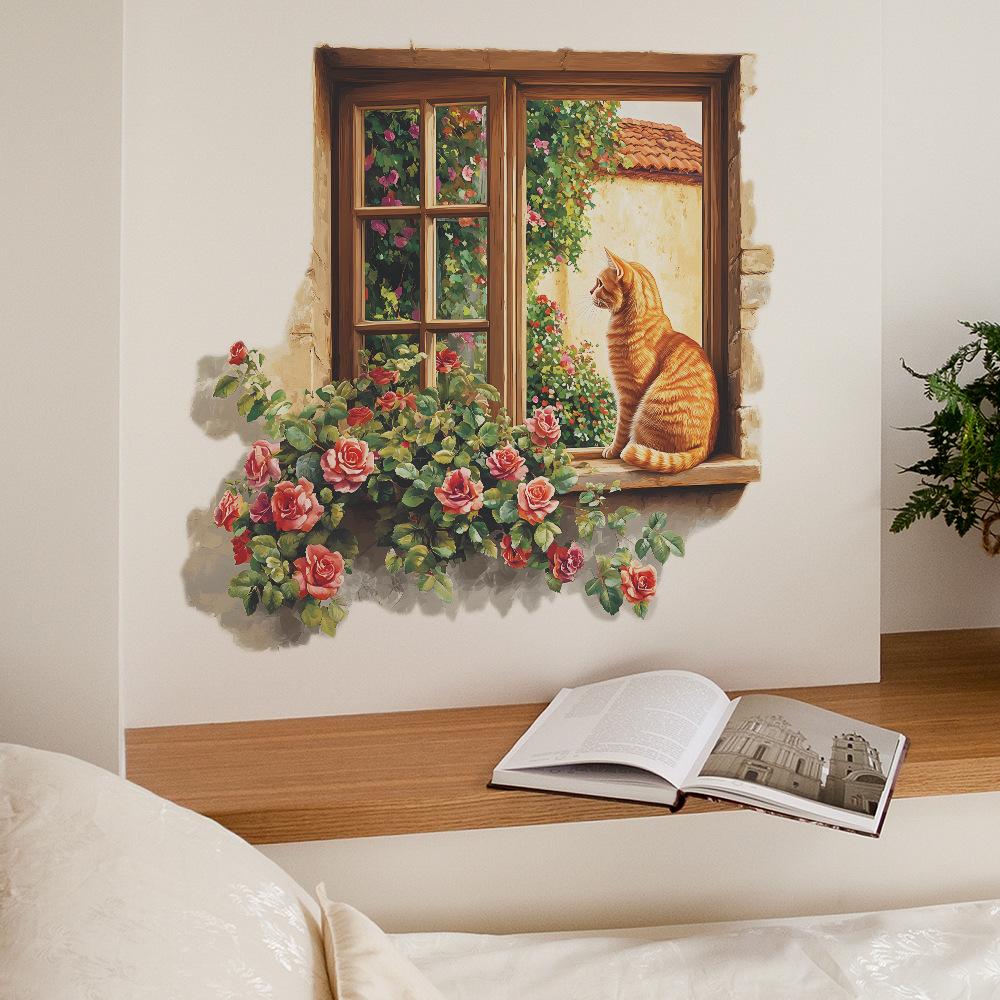 Window Rose Orange Cat Bedroom Living Room Home Background Beautification and Decoration Wall Stickers