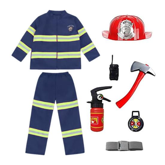 8 Pcs Kids Fireman Costume Set Firefighter Dress-Up Set with Extinguisher Birthday Party Role Play Pretend Gift for Toddler Boys Girls