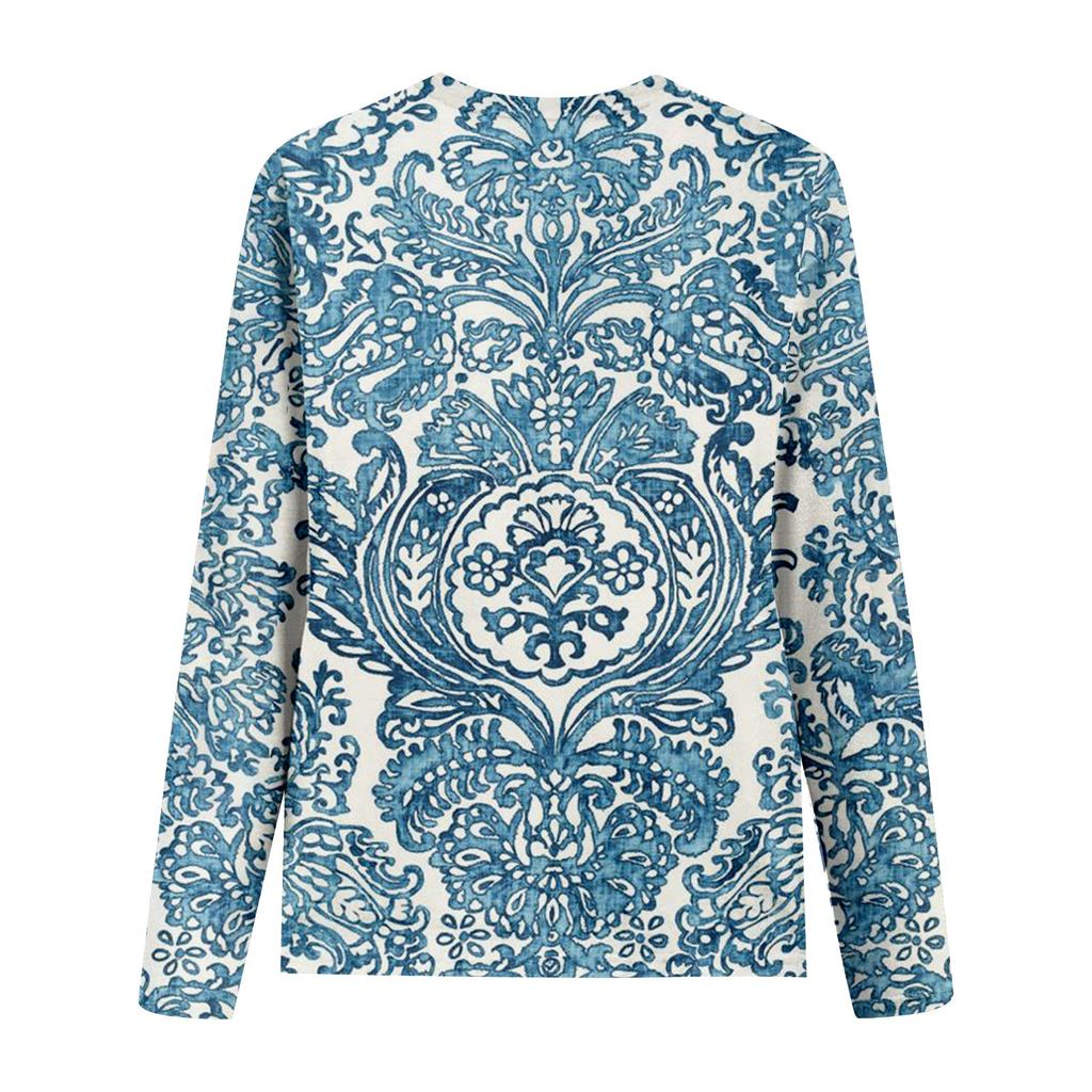 Women's Fashion Casual Long Sleeve Print Round Neck Pullover Top Blouse