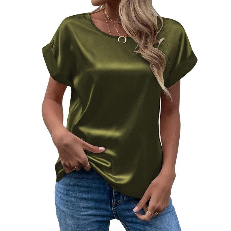 

Casual Solid Satin Women Blouse Fashion 2026 Summer Elegant Short Sleeve Woman Shrit Loose Office Lady Tops Women Clothing 25084 L армія зелений колір