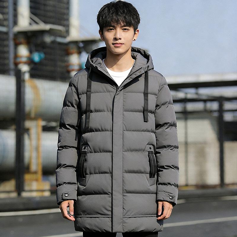 Men s Solid Color Long-sleeved Mid-Length Down Jacket Hooded Quilted Winter Warm Puffer Coat L