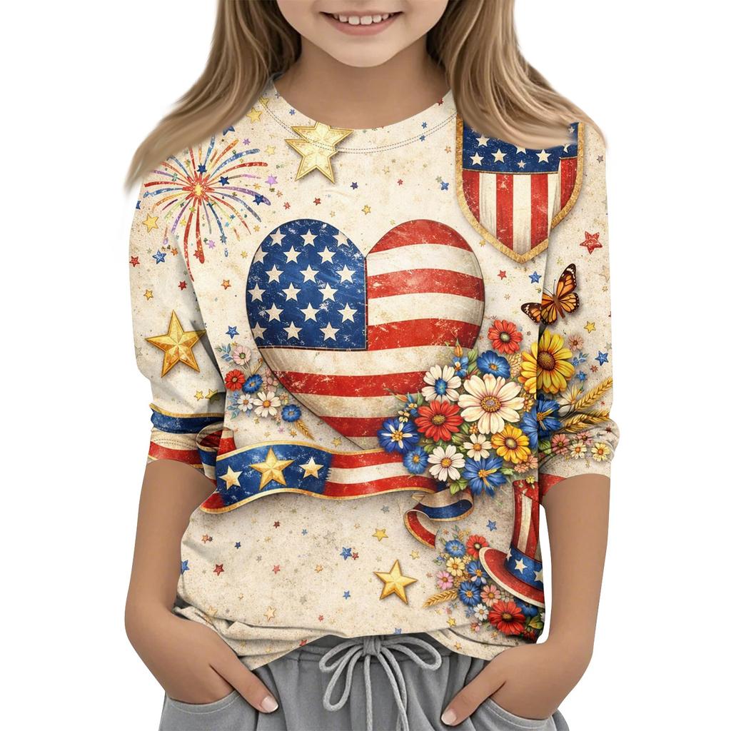 Children's Independence Day Printed Round Neck Seven Quarter Sleeve Casual T-shirt