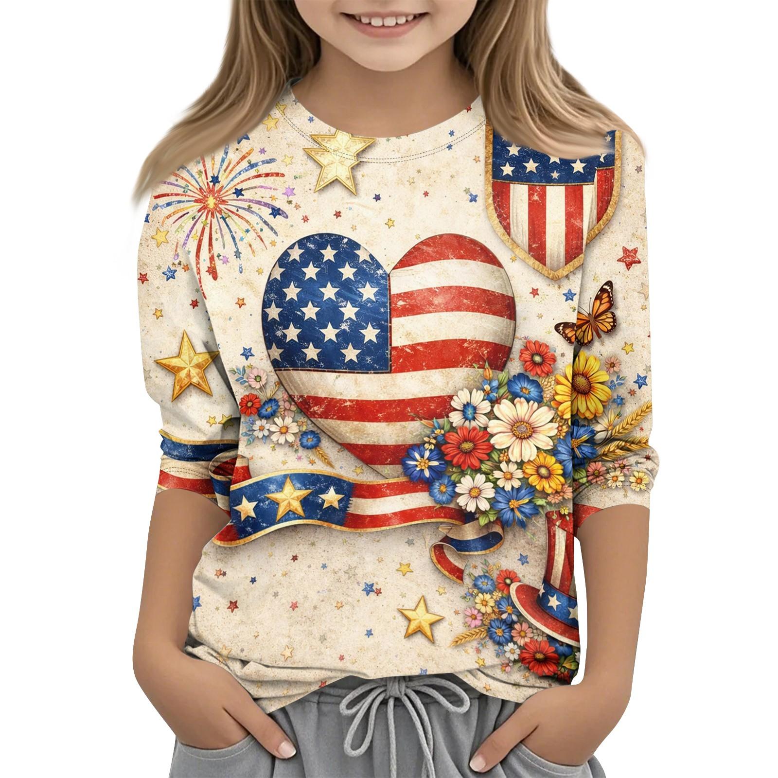 

Детская повседневная футболка с принтом ко Дню независимости, с круглым вырезом и рукавами три четверти 110 бежевый