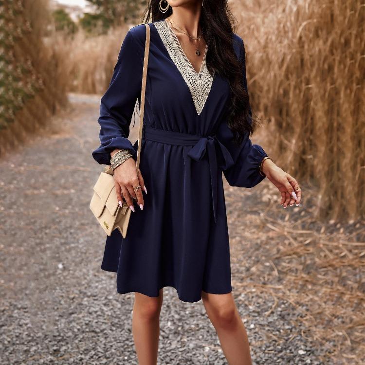 Elegant Women High Waist V Neck Lace Dress Long Sleeve Solid Fashion Mid Length Spring Autumn Dress