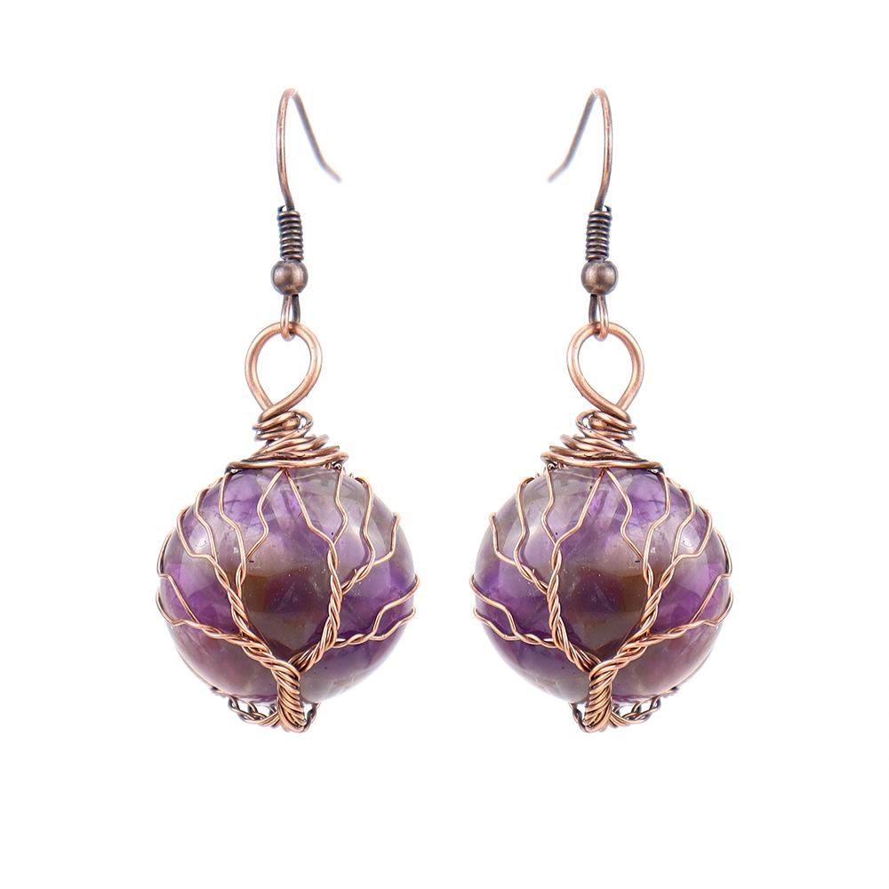 Tiktok Live Retro Handmade Winding Natural Amethyst Crystal Stone Round Tree Of Life Earrings Earrings E51