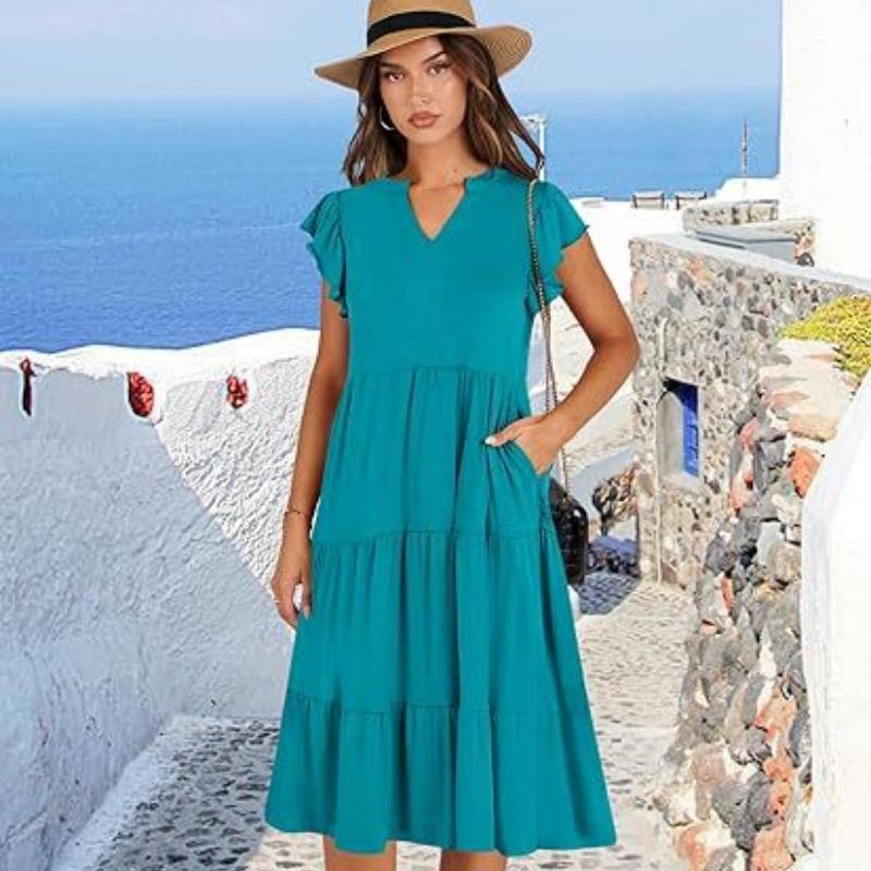 Women's V-neck, Ruffled Sleeve, Mid-length, Patchwork, Wide Skirt, Pocket Dress