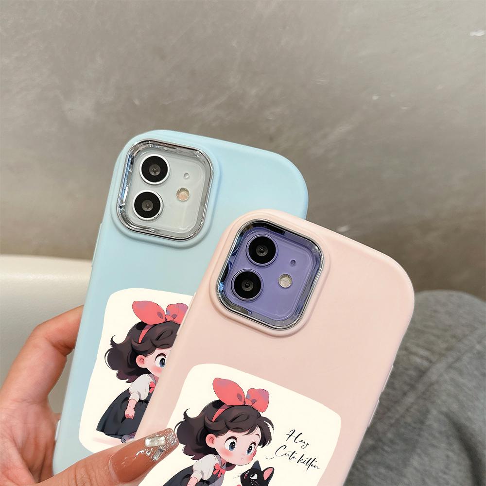 For iPhone 15 14 13 11ProMax 14 15 16 Samsung S25 S24 S23 S22 Redmi 10 13 14C Cartoon Black Cat Silver Edge Soft Liquid Silicone Protective Casing