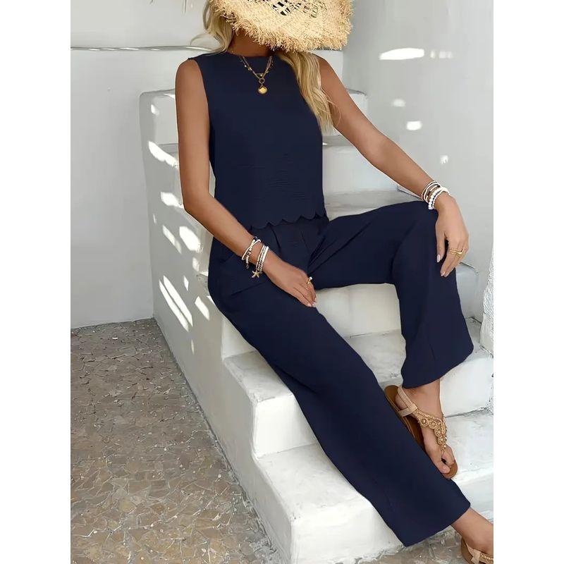 

European American Summer New round Neck Solid Color Back Hollow Sexy Casual Pants Sleeveless Top and Trousers Two-piece Set Women s Clothing Navy blue XL