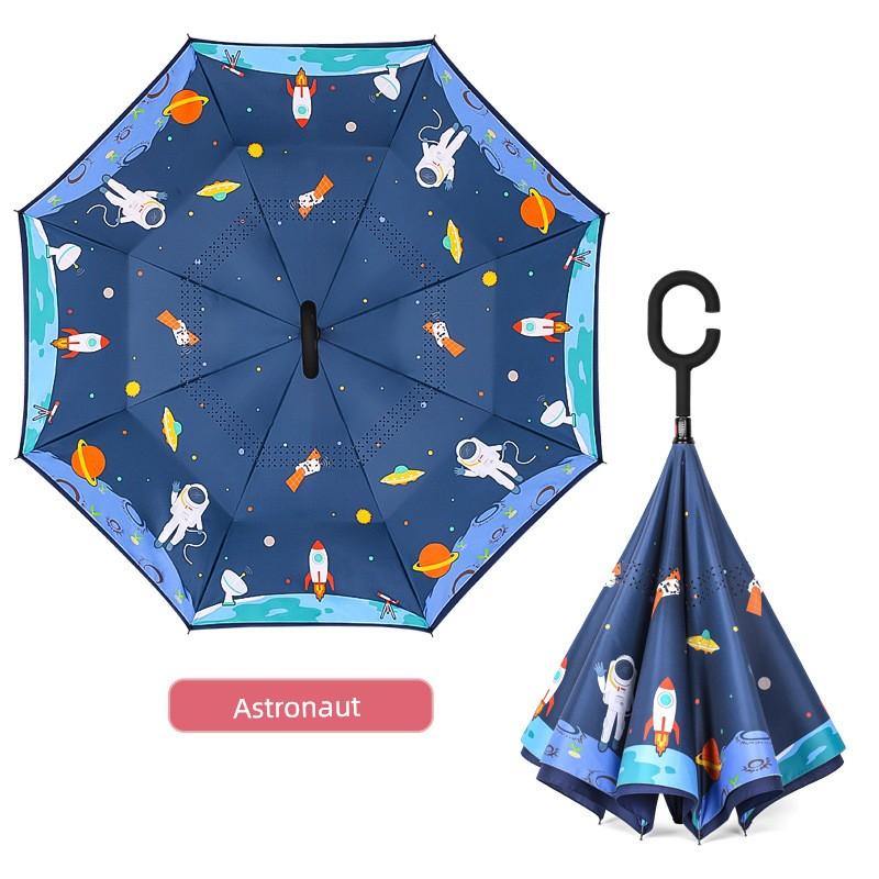 Freihändig umkehrbarer doppelwandiger Regenschirm für Kinder, geeignet für die Schule, bei Regen oder Sonnenschein, Schülerregenschirm, Cartoon-Design, gerader Griff, Sonne