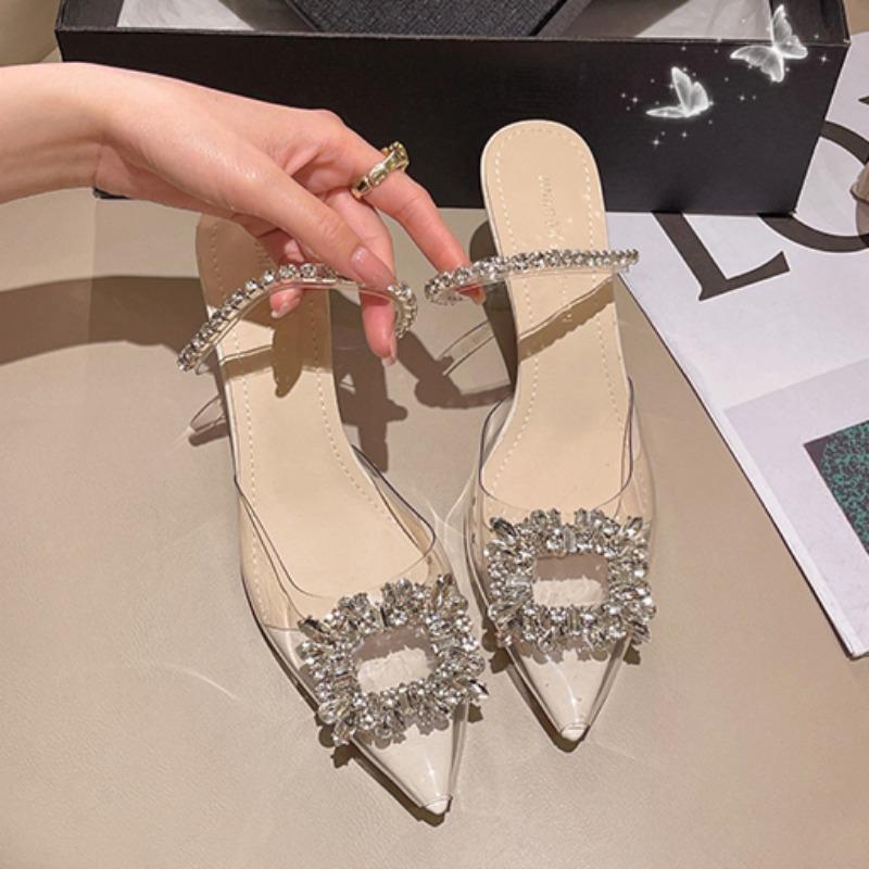 Mode Sommer Neue Slipper Spitz Zehenbereich Flacher Ausschnitt Kristallschnalle Transparenter Riemen Rutschfest Verschleißfest Hohe Absätze