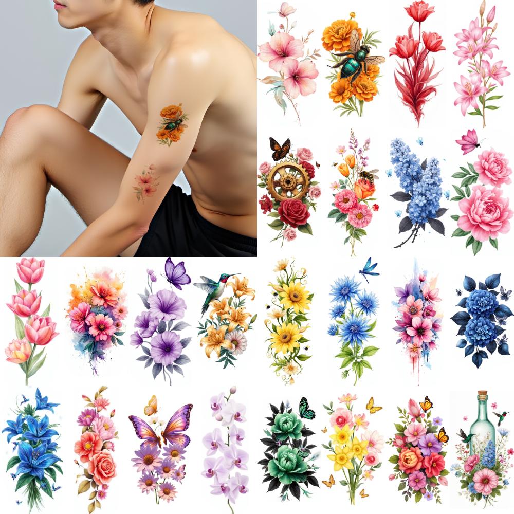 9Pcs Flower Temporary Tattoo Stickers For Women Body Art Fake Tattoo Sexy Rose Butterfly Peony Little Daisy Waterproof Tattoos