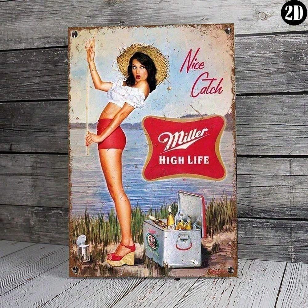

**Vintage Metal Poster, Pin Up Girl Wall Art, Bar Decor 8x12 Inch**