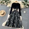 French Style Velour Luxury Dress V Neck Long Sleeve Sashes Splice Jacquard Autumn Women Floral Print  Party Maxi Dress