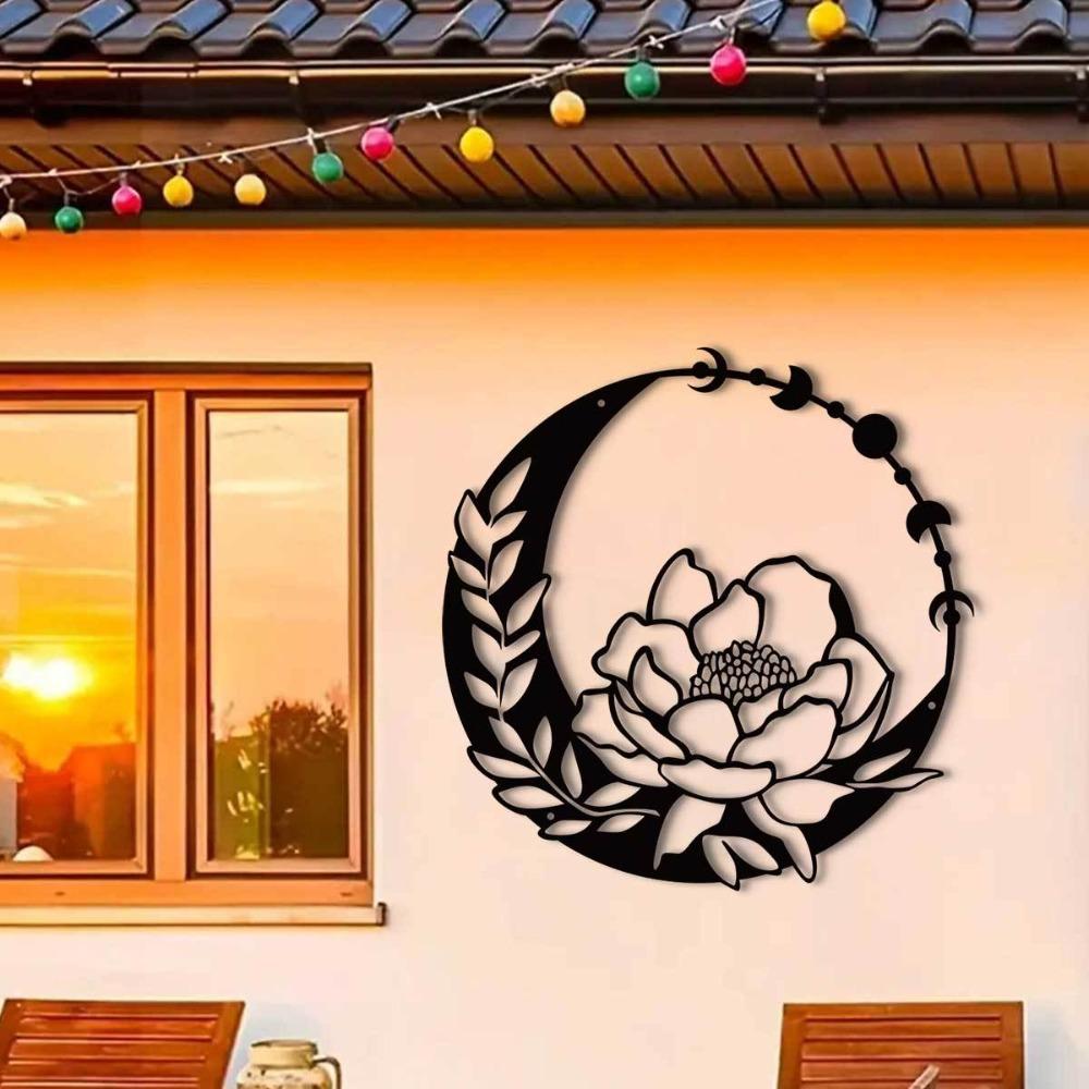 Elegant Metal Flower Moon Wall Art Outdoor Garden Sculpture Terrace Railing Decoration Living Room Balcony Indoor Home Decor