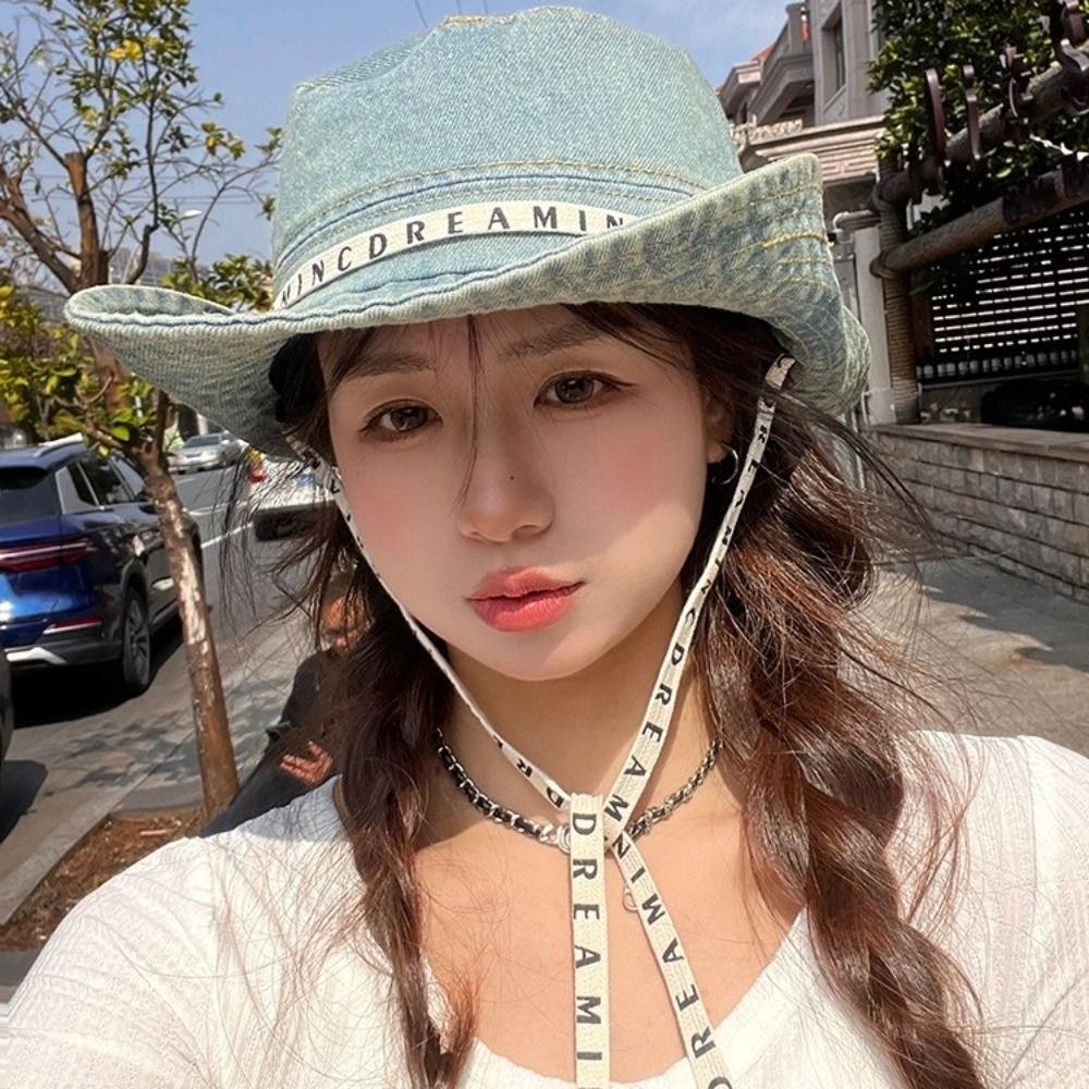 Letter Denim Bucket Hat With Tie Belt Sunscreen Hat Sweet Jeans Fisherman Hat Outdoor