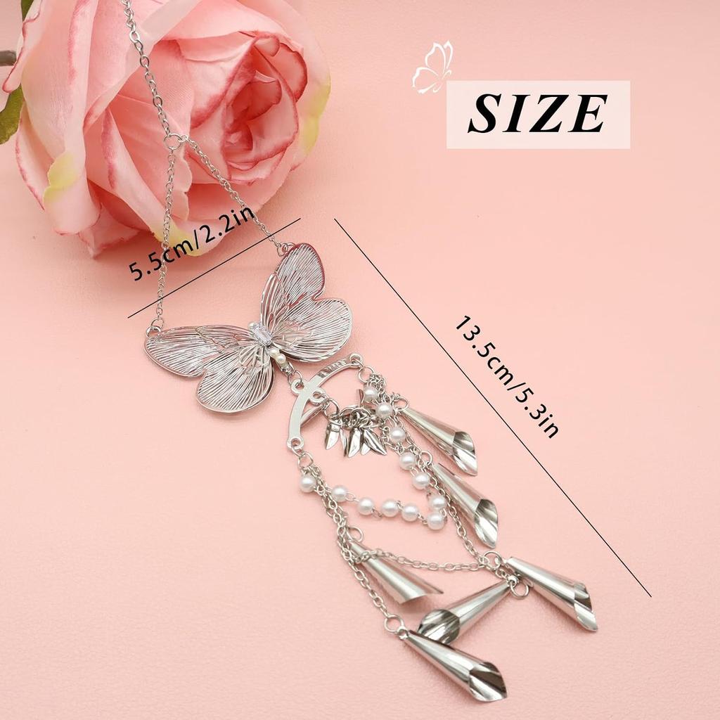 ORIESSE Butterfly Car Decor,Cute Hanging Car Charms for Rear View Mirror | Silver Butterfly Wind Chime Dangling Aesthetic Ornament Pendant for