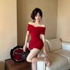 Nightclub Vneck sexy oneword shoulder shortsleeved dress tight body pure desire backless club foot massage hip wrap skirt