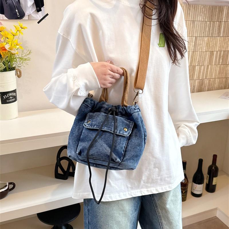 New Korean Style Crossbody Bags Fashiable and Versatile Denim Bucket Bag with Drawstring Casual and Simple Shoulder Bag