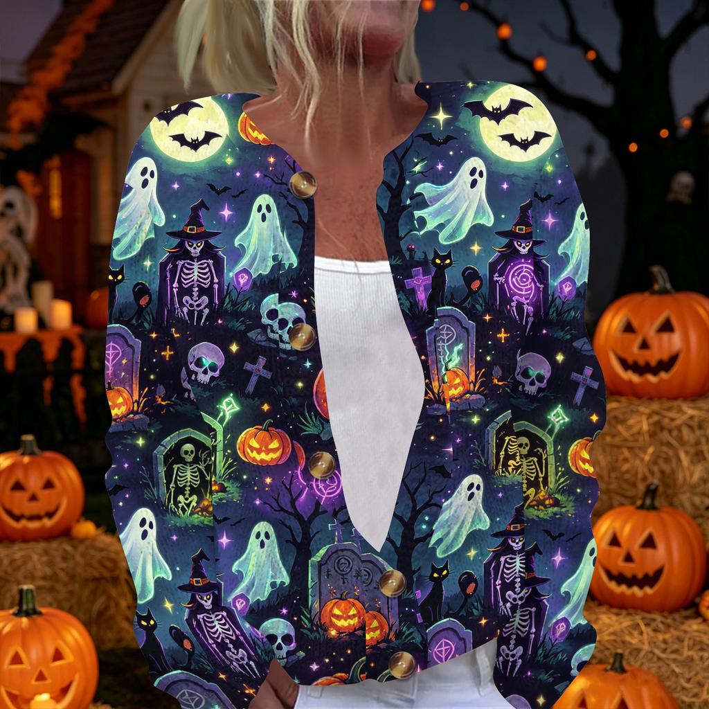 Women's Long Sleeve Knit Cardigan Button Up Sweater Halloween Print Casual Lightweight Outerwear for Fall and Winter