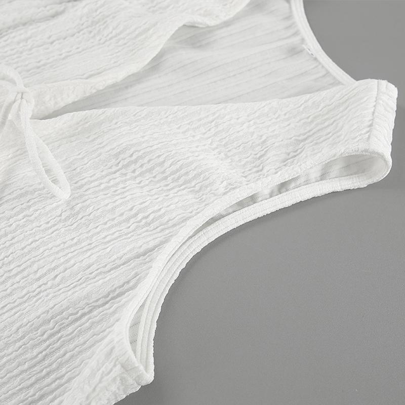 Women's Loose Shorts Sets Casual White Crepe Fabric V-neck Sleeveless Lace Up Vest Elastic Waist Shorts Summer 2-piece Set