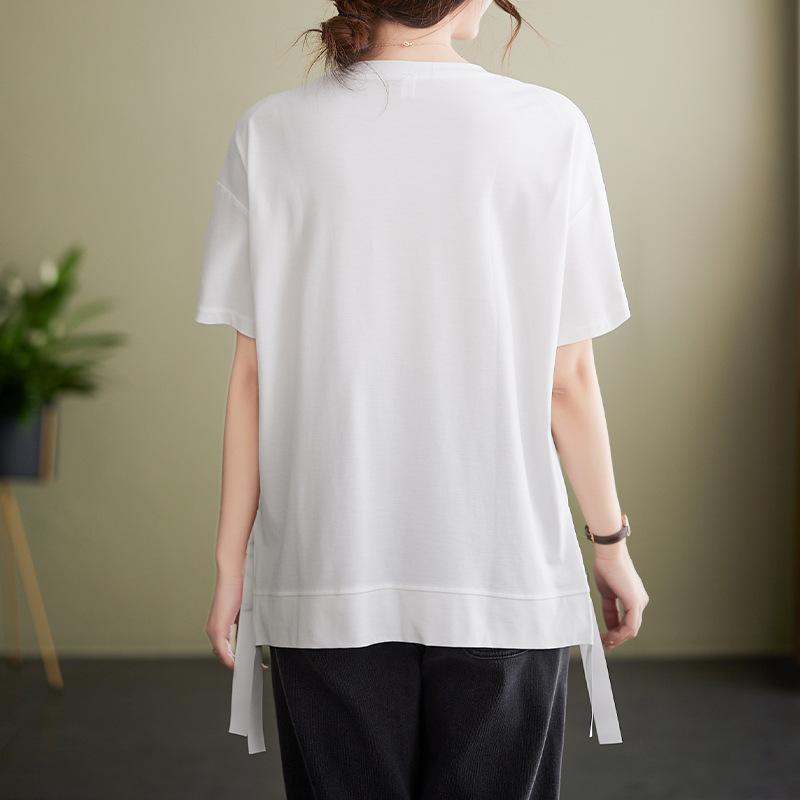 Summer All Cotton Knitted Checkered Patch Large Loose Top Front Short Rear Long T-shirt for Women