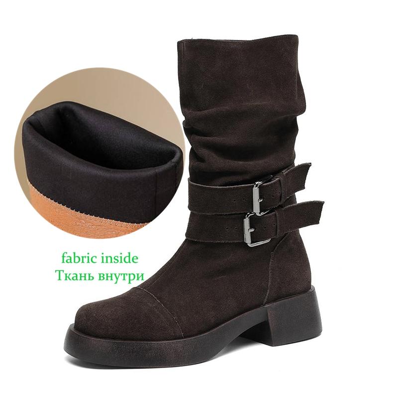 Krazing Pot Cow Suede Nubuck Winter Round Toe Modern Boots Med Heels Slip on Pleated Style Metal Buckle Mid-calf Boots