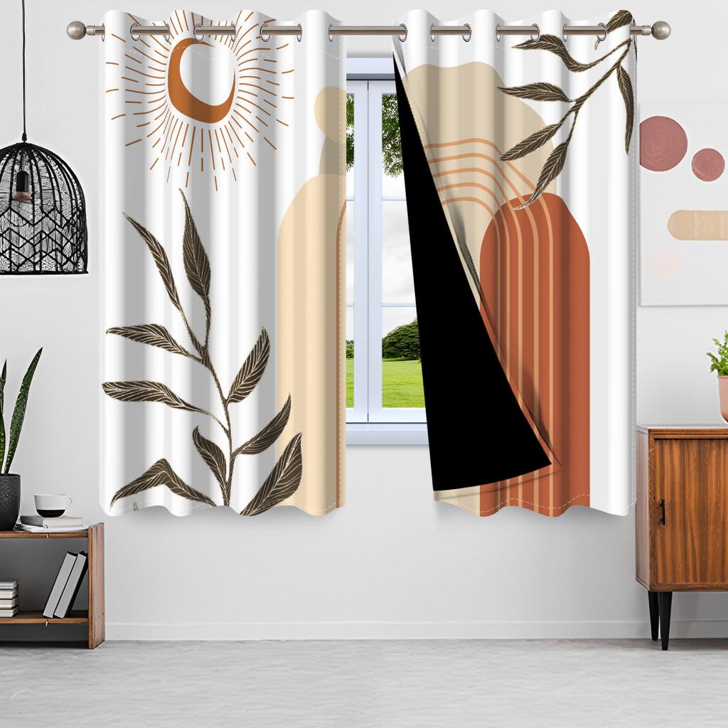 2pcs Nordic Style Blackout Curtains Green Leaves Moon Window Curtains Sun Simple Minimalism Nordic Lines Home Interior Curtains