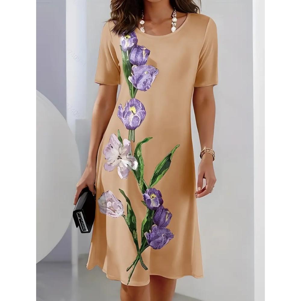 Women's Short-sleeved A-line Skirt 3d Color Printed Pullover Dress Fashionable and Elegant Summer Loose Round Neck Dress