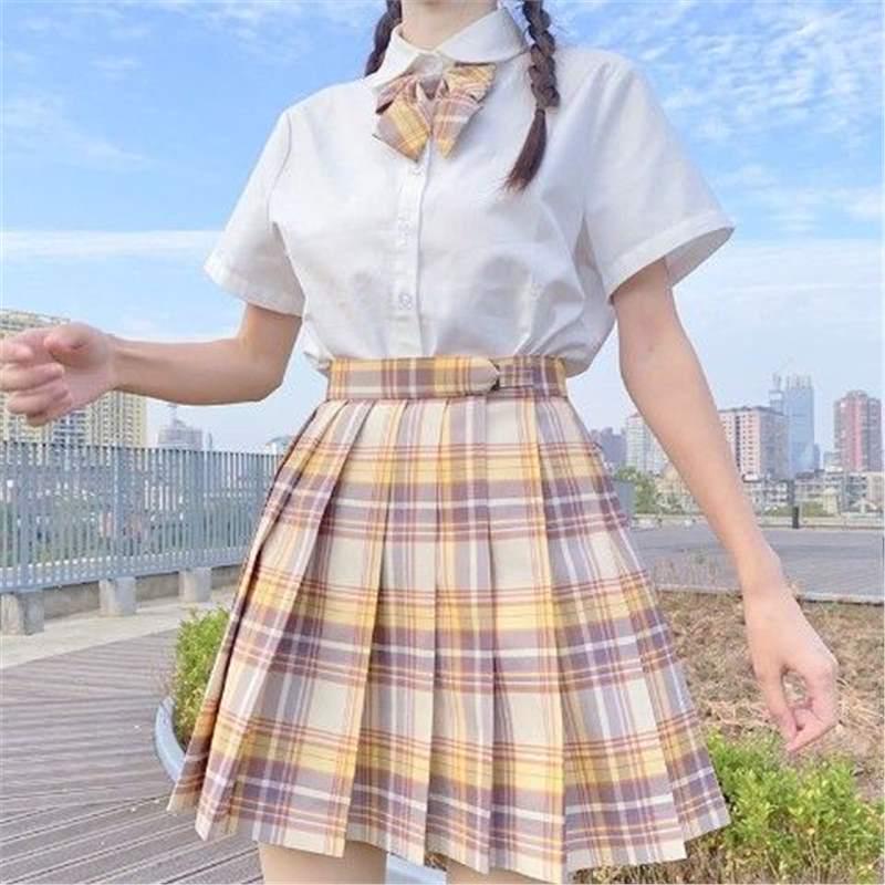 Yamabuki JK Academy Style Female Student Uniform: White Shirt & Pleated Plaid Midi Skirt Set