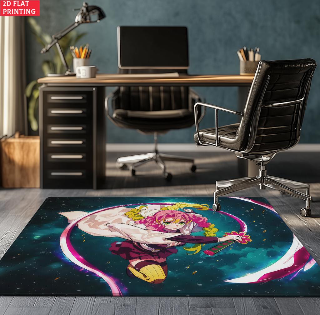 Anime Swordsman Area Rug, Blue Water Wave Theme  Floor Mat, Decorative Carpet for Gaming Room Bedroom, Washable Home Decor Gift
