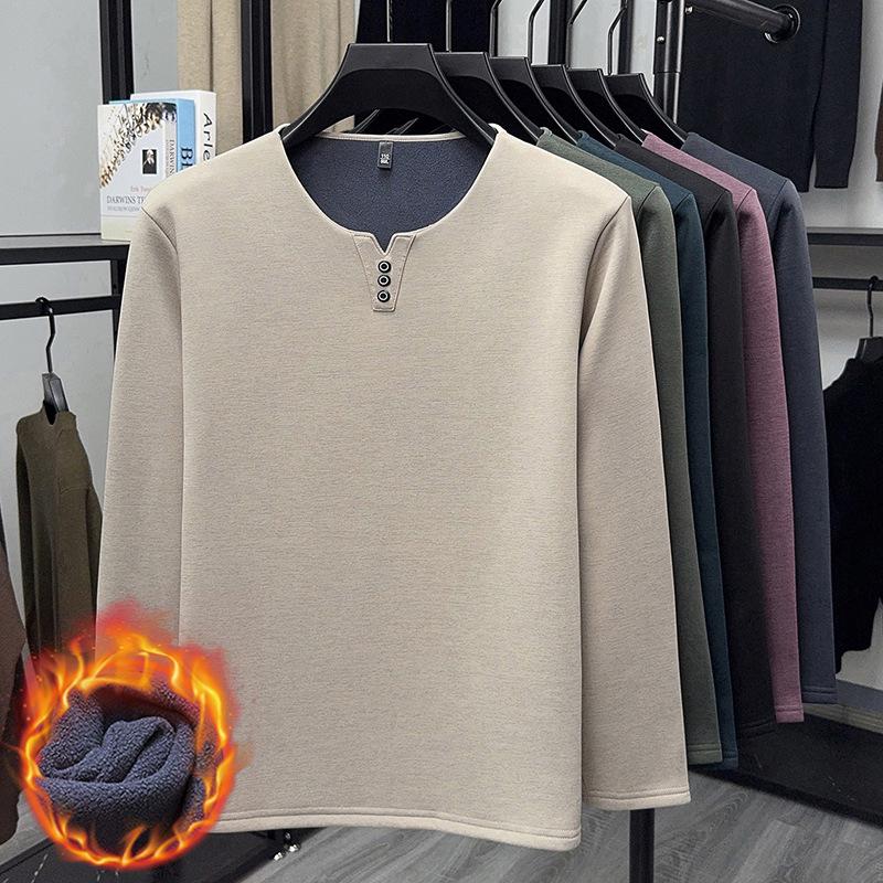2025 Men's V-Neck Long Sleeve Plus Velvet Thickened T-shirt - Autumn/Winter, Youth Plus Size, Solid Color Base Layer