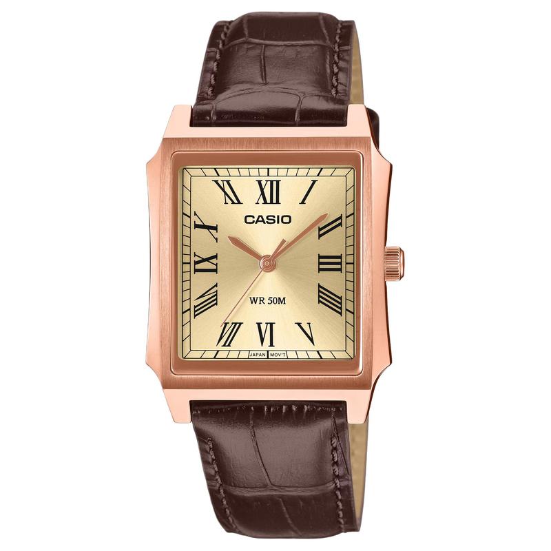 CASIO STANDARD series 50 meters waterproof three-hand classic design Quartz leather strap same style for men and women gold dial MTP-B190RGL-9BV