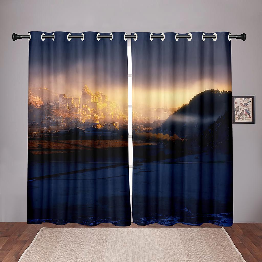 

Плотные плотные занавески с затенением 90% для пейзажа Shangri-La Snow Mountain, оконные шторы для спальни, гостиной, ванной комнаты, кухни, двери зала W50 X H130(CM)X2&Grommet Top